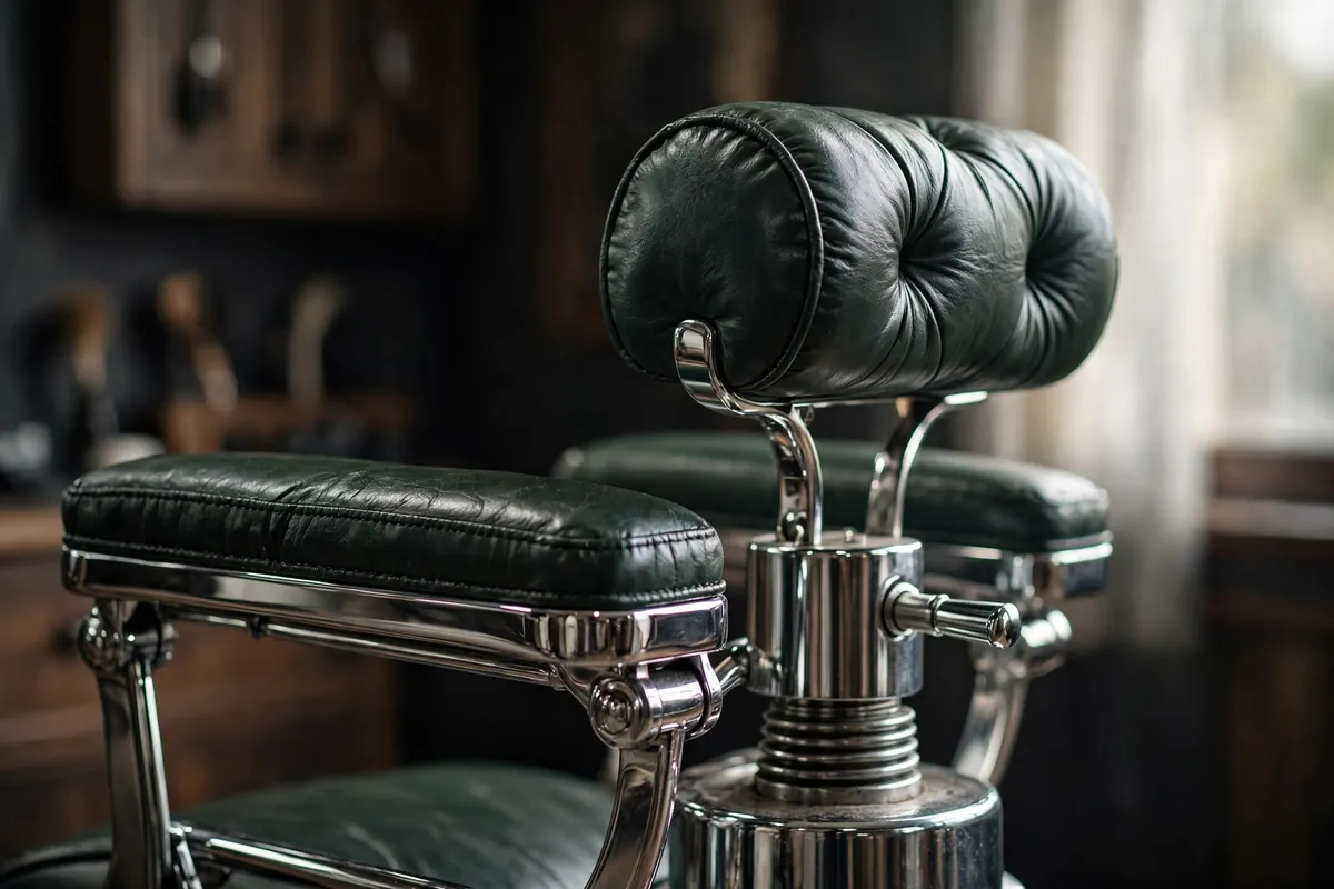 Close detail of a classic chrome and leather barber chair