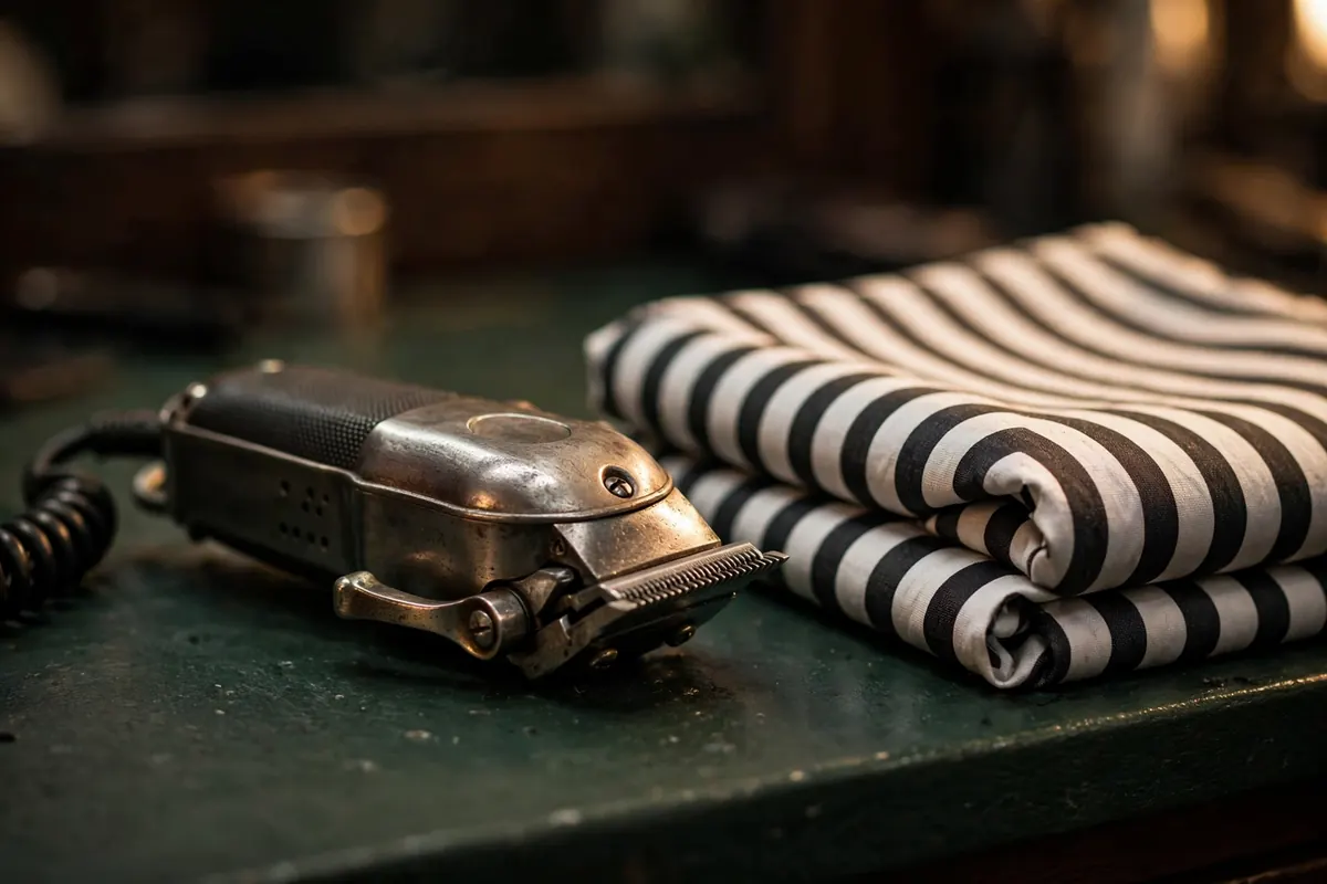 Vintage barber clippers resting on a dark green counter beside a folded striped cape