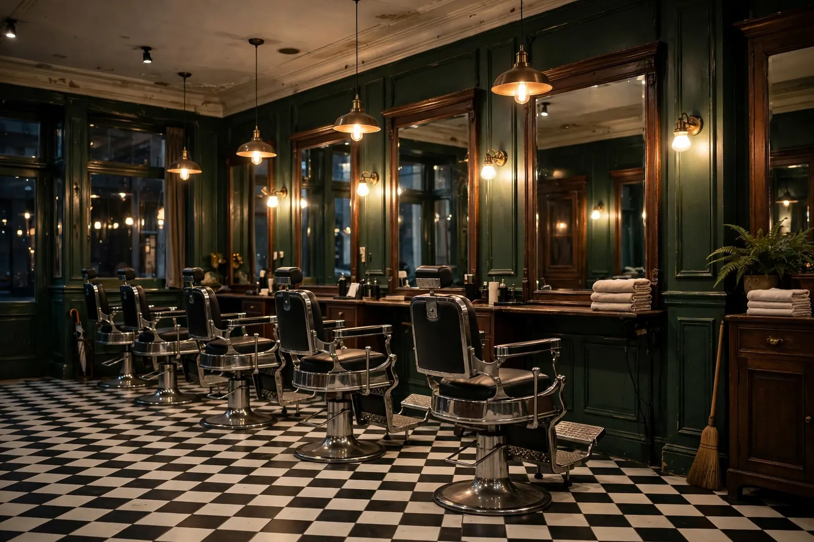Row of empty chrome barber chairs in a classic shop with dark green walls