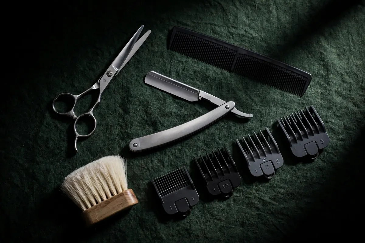 Barber tools arranged on dark green cloth: scissors, comb, straight razor, and clipper guides